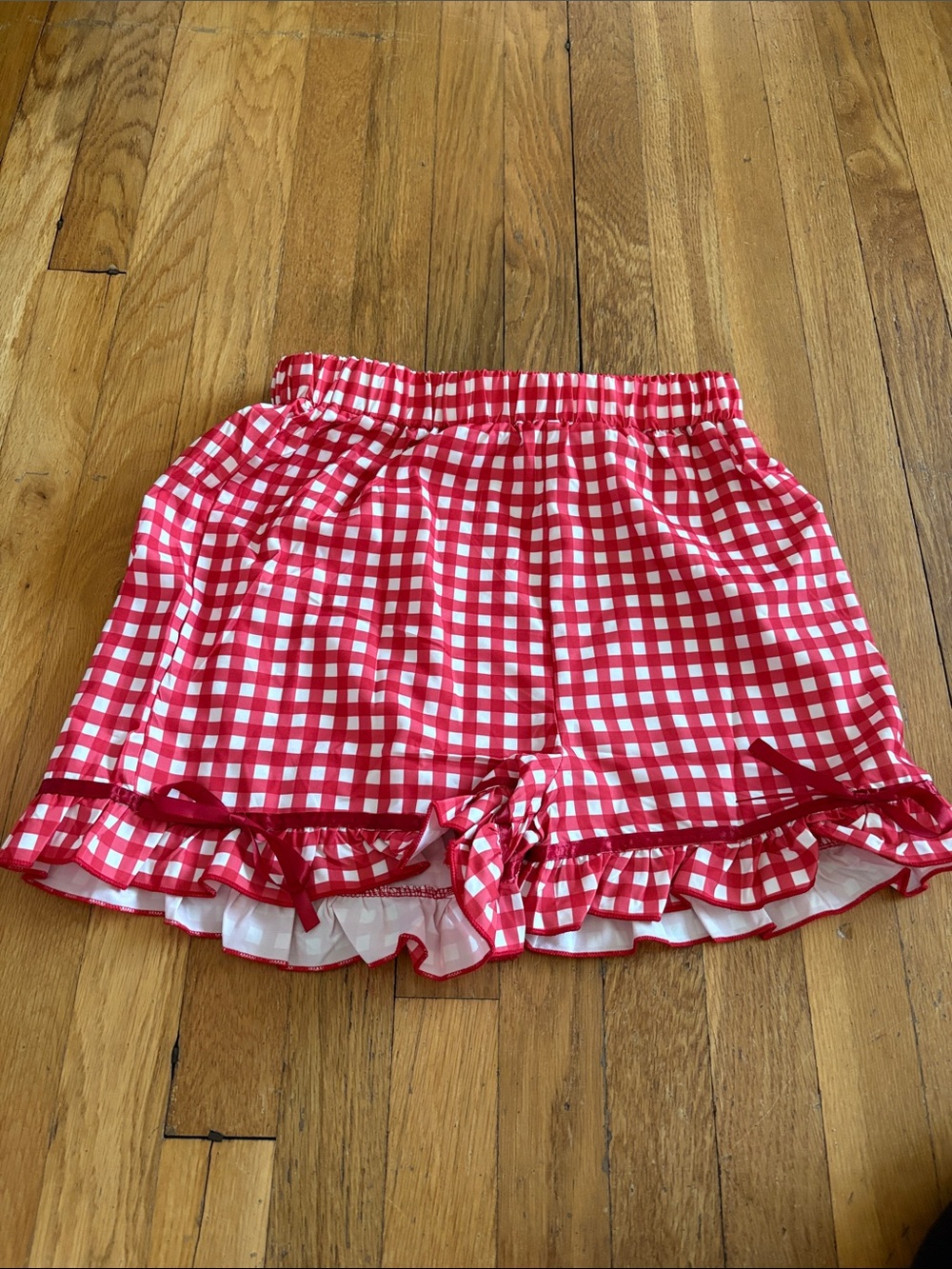 Red Gingham High-Waist Ruffle Shorts